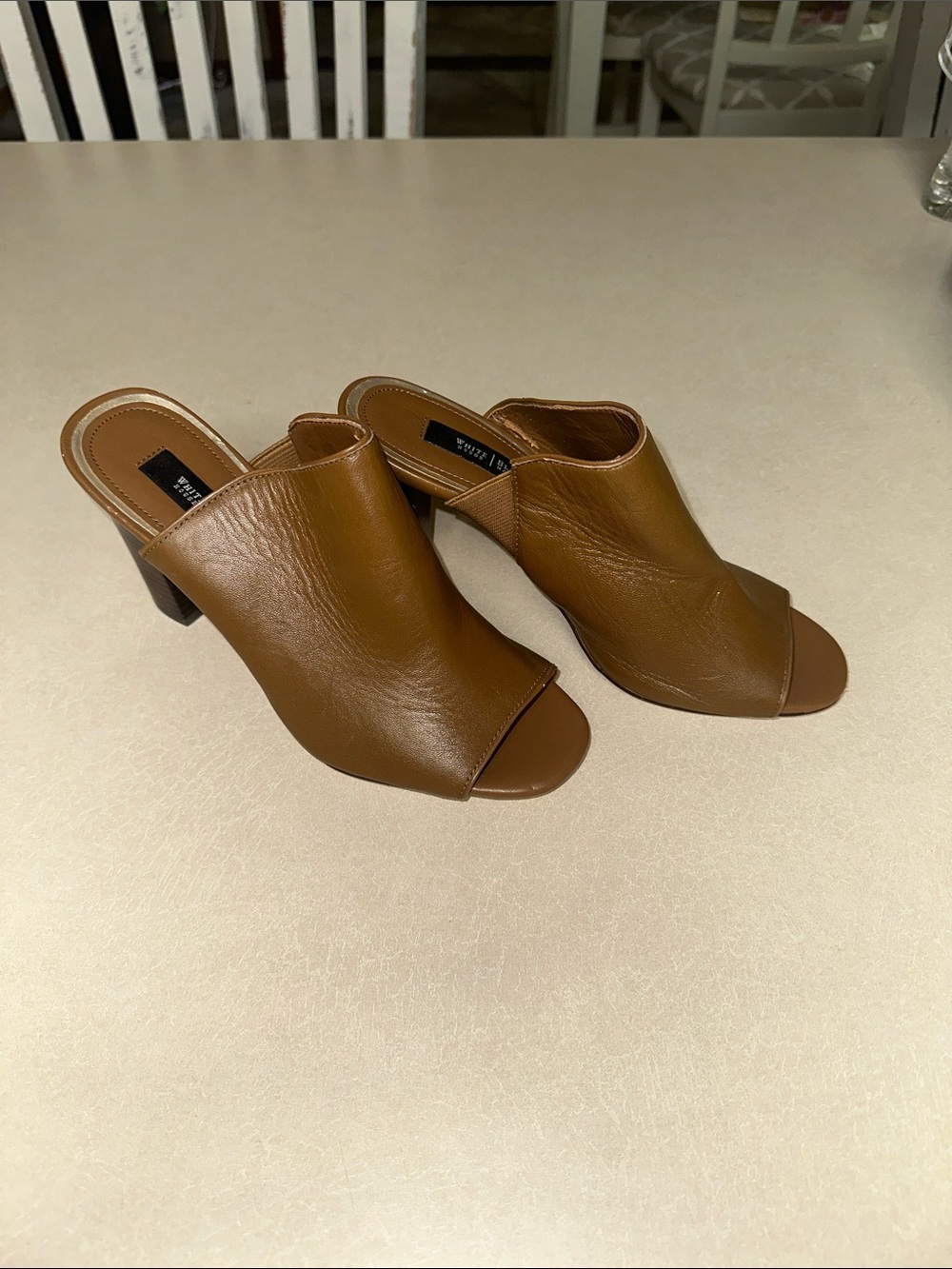 White House Black Market Brown Open-Toe Leather Mule Heels